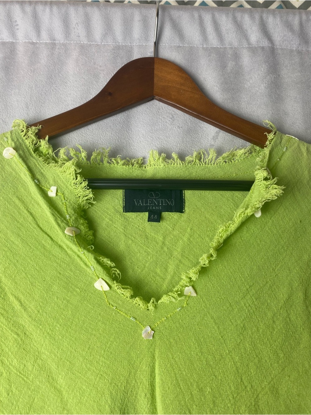 Vintage Y2K Valentino Jeans Cotton Shell trimmed top lime green boho beach S - Picture 5 of 7